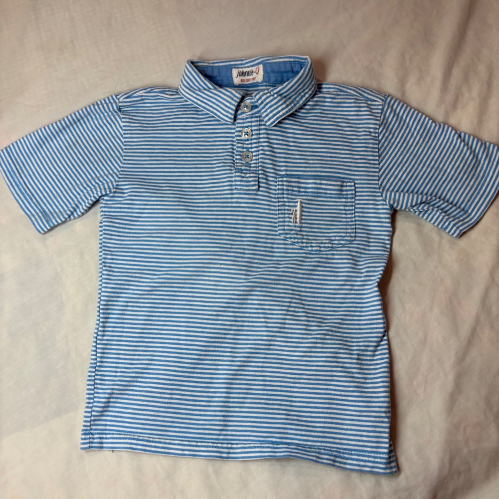 Johnnie-O Boys Blue White Striped Short Sleeve Polo Shirt Size 4 Pocket Surfer
